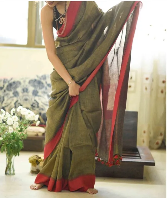 Green color Digital Printed Cotton Linen Saree With Blouse Piece