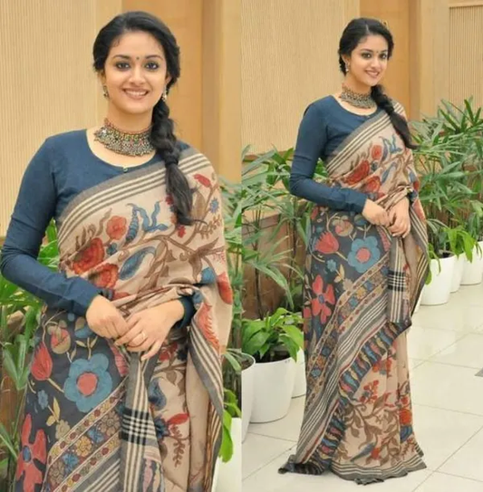 Peach color Digital Printed Cotton Linen Saree With Blouse Piece