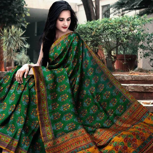 Green color Floral Digital Printed Cotton Linen Saree With Blouse Piece