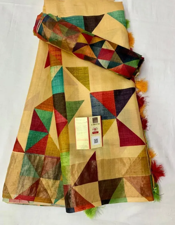 Multi Color Digital Printed Cotton Linen Saree With Blouse Piece