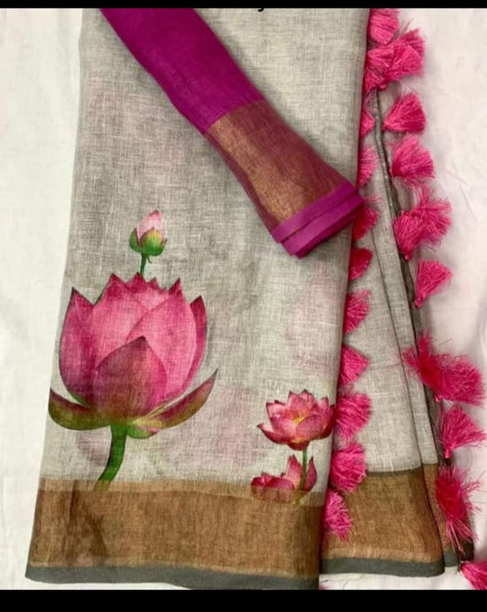 Gray Color Floral Digital Printed Cotton Linen Saree With Blouse Piece