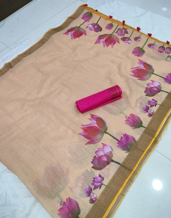 Yellow Color Floral Digital Printed Cotton Linen Saree With Blouse Piece