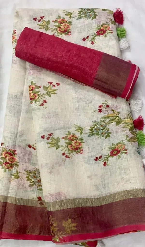 White Color Floral Digital Printed Cotton Linen Saree With Blouse Piece