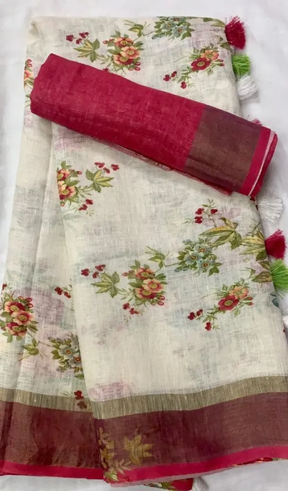 White Color Floral Digital Printed Cotton Linen Saree With Blouse Piece