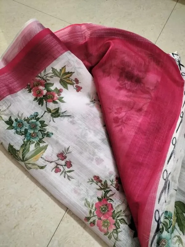 White Color Floral Digital Printed Cotton Linen Saree With Blouse Piece