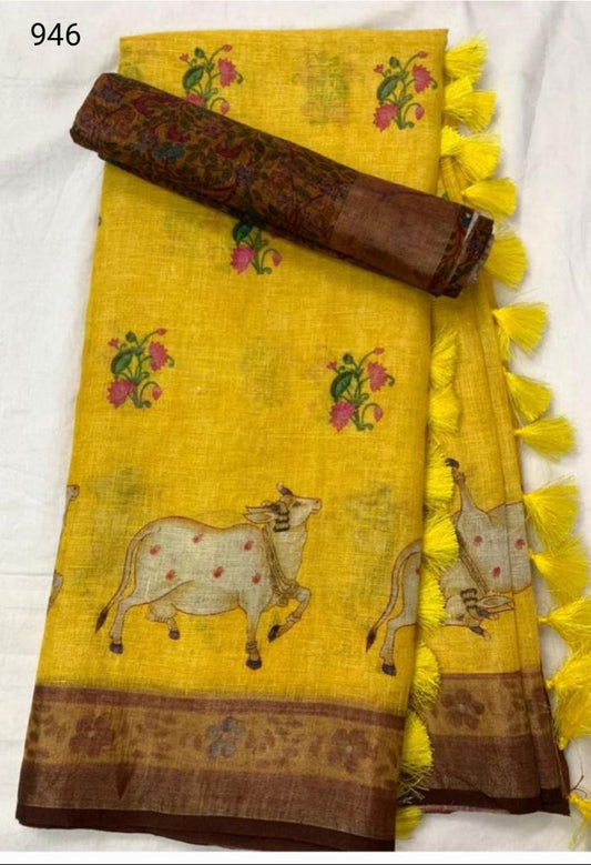 Yellow Color Animal Digital Printed Cotton Linen Saree With Blouse Piece