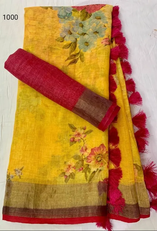 Yellow Color Floral Digital Printed Cotton Linen Saree With Blouse Piece