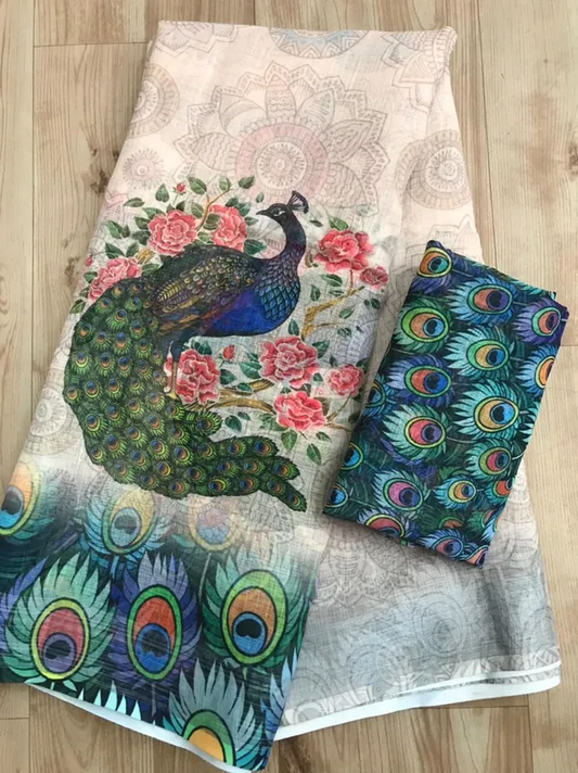 Multi Color Peacock Digital Printed Cotton Linen Saree With Blouse Piece
