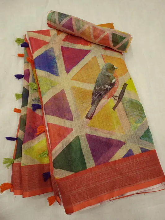Multi Color Digital Printed Cotton Linen Saree With Blouse Piece