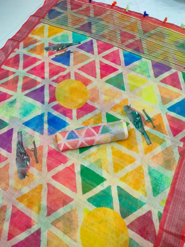 Multi Color Digital Printed Cotton Linen Saree With Blouse Piece