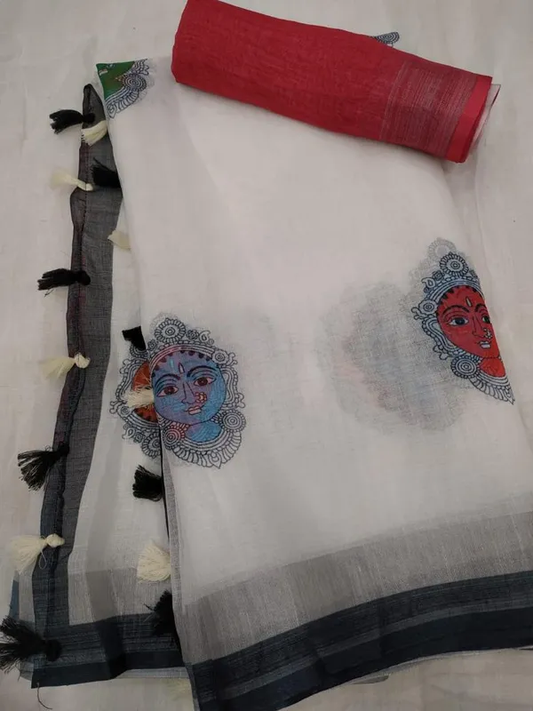 White Color Kalamkari Digital Printed Cotton Linen Saree With Blouse Piece