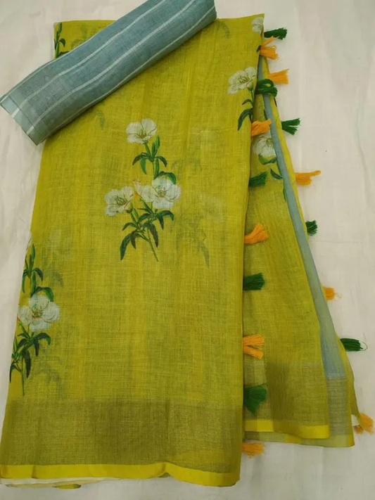Multi Color Floral Digital Printed Cotton Linen Saree With Blouse Piece