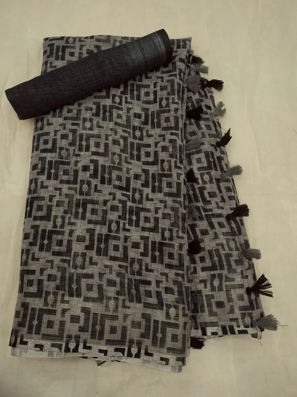 Black Color Digital Printed Cotton Linen Saree With Blouse Piece