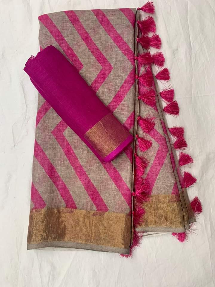 Pink Color Zig-Zag Digital Printed Cotton Linen Saree With Blouse Piece