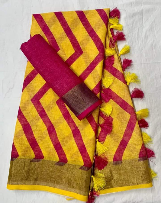 Yellow Color Zig-Zag Digital Printed Cotton Linen Saree With Blouse Piece