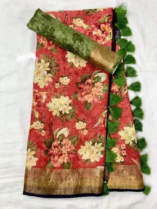 Red Color Floral Digital Printed Cotton Linen Saree With Blouse Piece