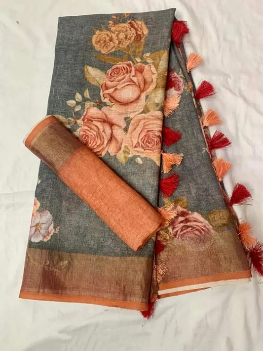 Gray Color Floral Digital Printed Cotton Linen Saree With Blouse Piece