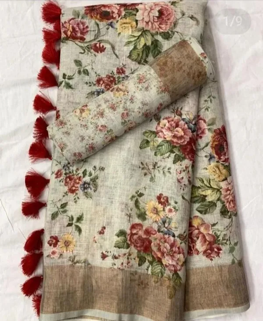 Multi Color Floral Digital Printed Cotton Linen Saree With Blouse Piece