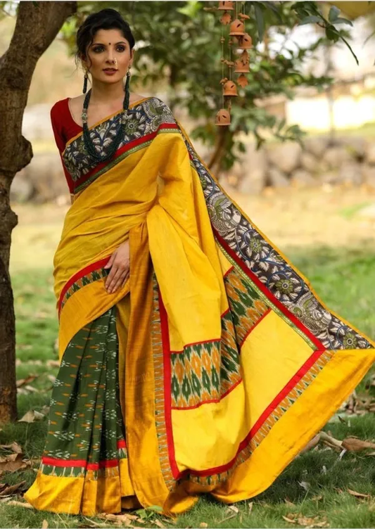 Yellow color Digital Printed Cotton Linen Saree With Blouse Piece