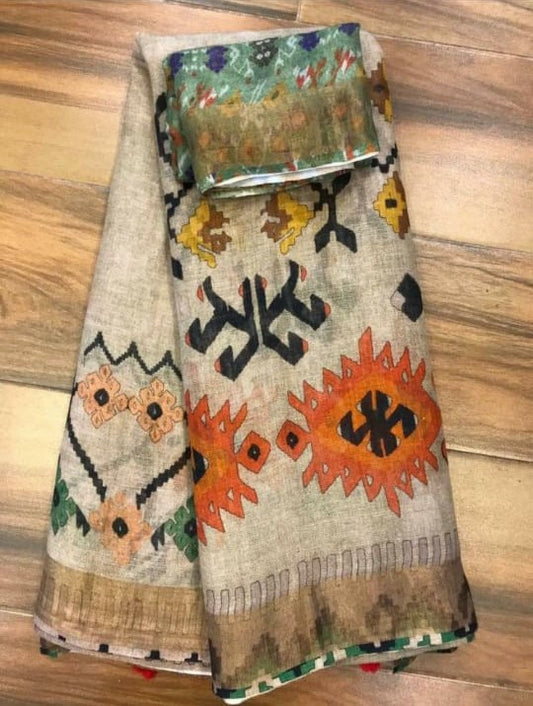 Multi Color Floral Digital Printed Cotton Linen Saree With Blouse Piece