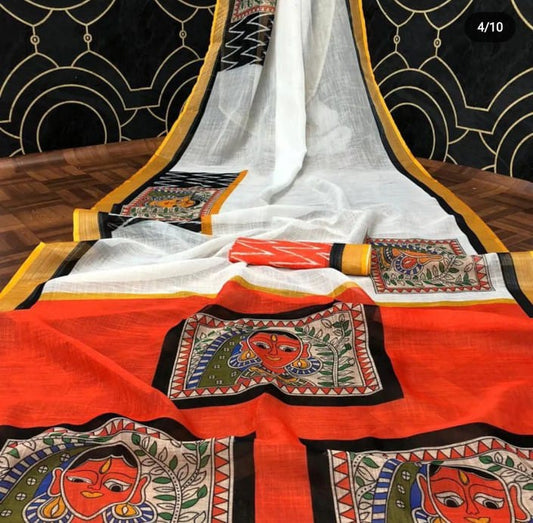 White Color Kalamkari Digital Printed Cotton Linen Saree With Blouse Piece