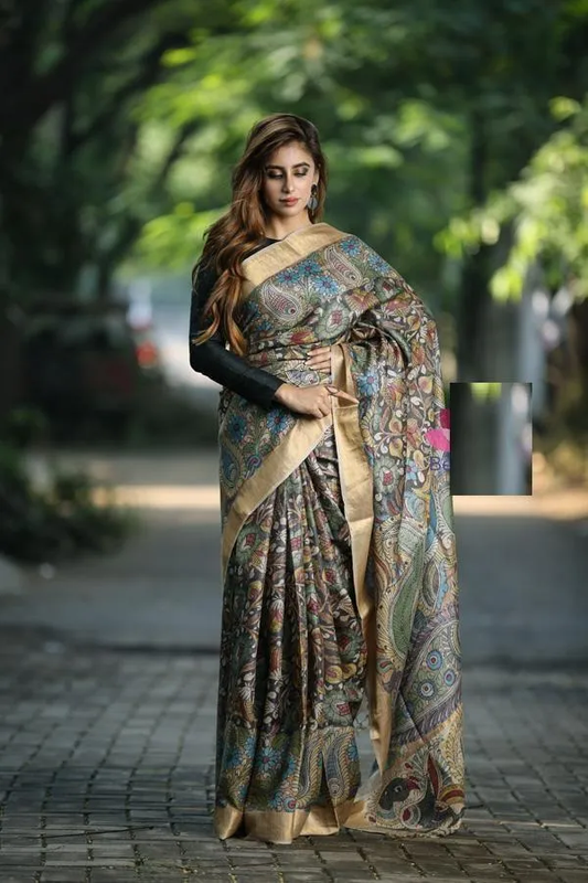 Multi color Kalamkari Digital Printed Cotton Linen Saree With Blouse Piece