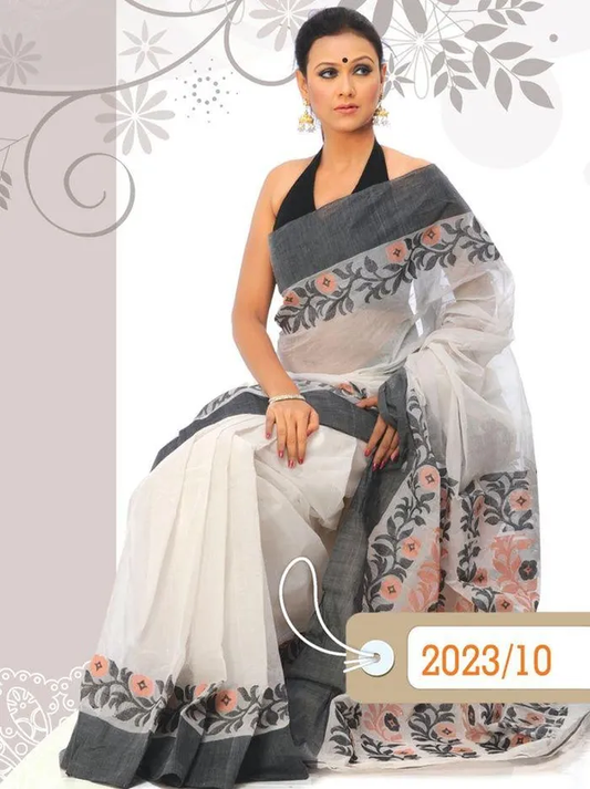 White color Floral Digital Printed Cotton Linen Saree With Blouse Piece