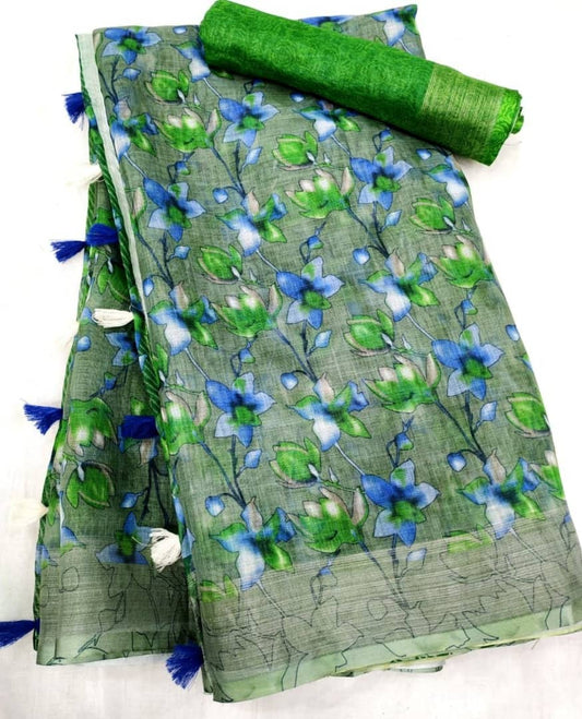 Green Color Digital Printed Cotton Linen Saree With Blouse Piece