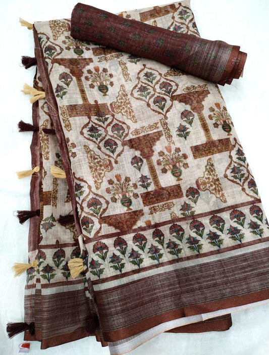 Coffee Color Digital Printed Cotton Linen Saree With Blouse Piece