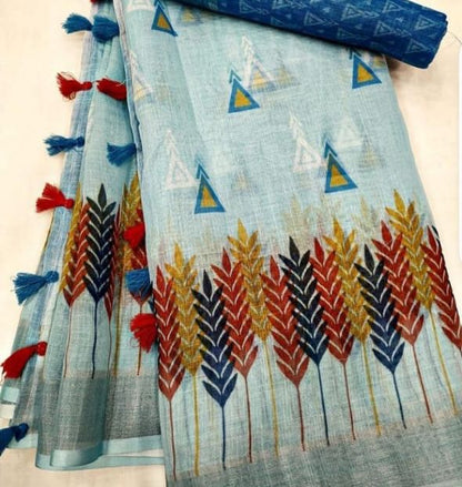 Sky Blue Color Digital Printed Cotton Linen Saree With Blouse Piece