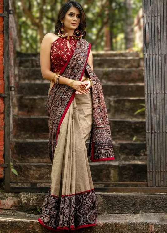 Multi color Digital Printed Cotton Linen Saree With Blouse Piece