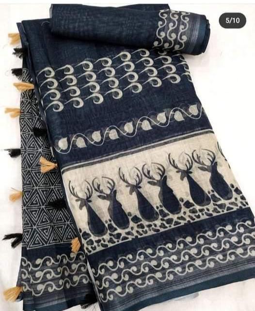 Multi Color Animal Digital Printed Cotton Linen Saree With Blouse Piece