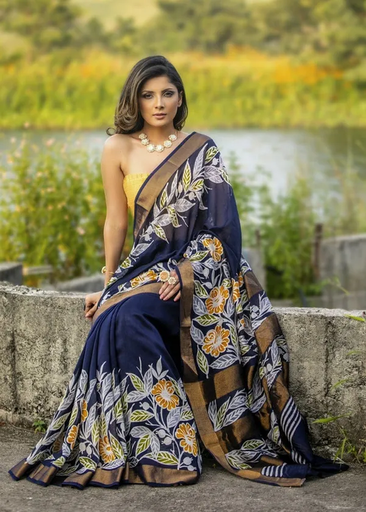 Blue color Floral Digital Printed Cotton Linen Saree With Blouse Piece