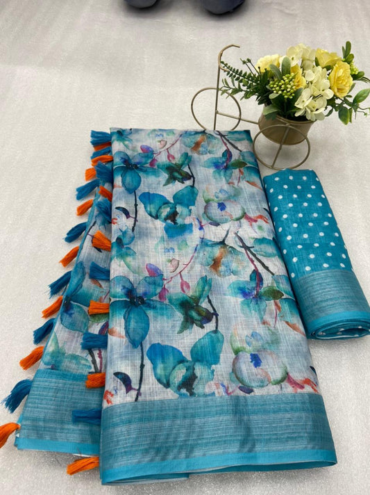 Sky Blue Color Floral Digital Printed Cotton Linen Saree With Blouse Piece