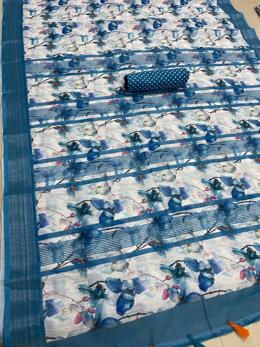 Sky Blue Color Floral Digital Printed Cotton Linen Saree With Blouse Piece