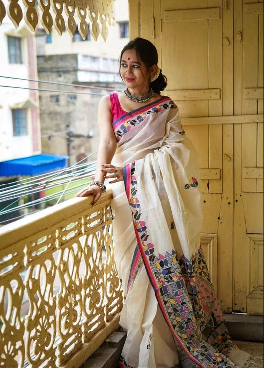 White Color Floral Digital Printed Cotton Linen Saree With Blouse Piece