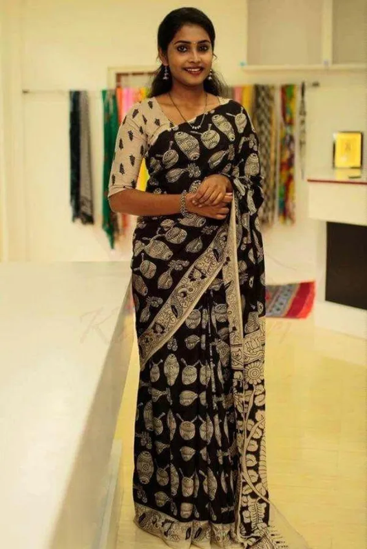 Black color Digital Printed Cotton Linen Saree With Blouse Piece
