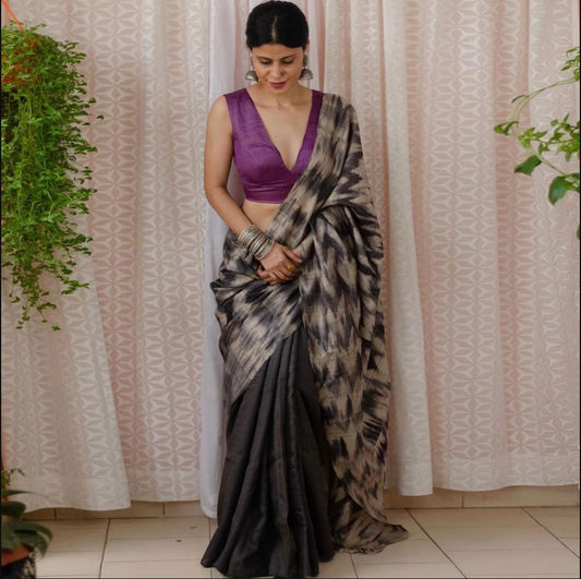 Black Color Digital Printed Cotton Linen Saree With Blouse Piece