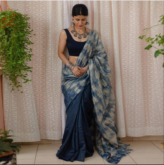 Blue Color Digital Printed Cotton Linen Saree With Blouse Piece