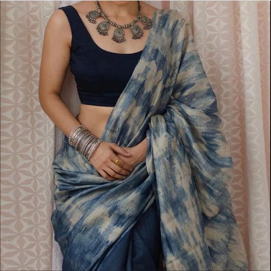 Blue Color Digital Printed Cotton Linen Saree With Blouse Piece