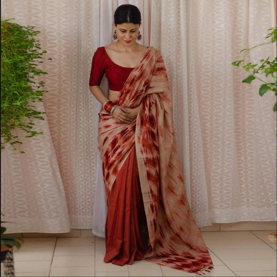 Red Color Digital Printed Cotton Linen Saree With Blouse Piece
