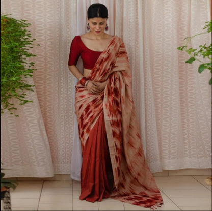 Red Color Digital Printed Cotton Linen Saree With Blouse Piece