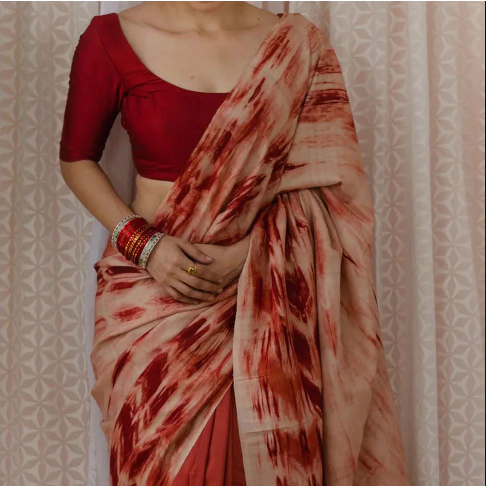 Red Color Digital Printed Cotton Linen Saree With Blouse Piece