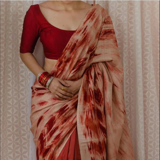 Red Color Digital Printed Cotton Linen Saree With Blouse Piece
