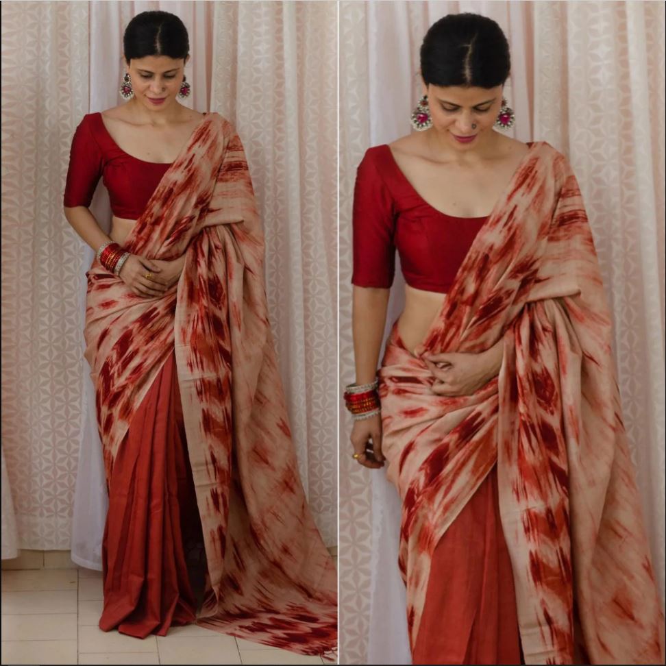 Red Color Digital Printed Cotton Linen Saree With Blouse Piece