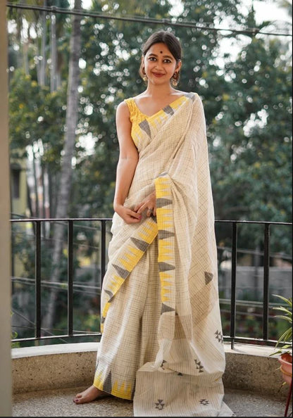 Multi Color Digital Printed Cotton Linen Saree With Blouse Piece