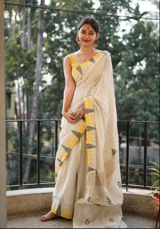 Multi Color Digital Printed Cotton Linen Saree With Blouse Piece