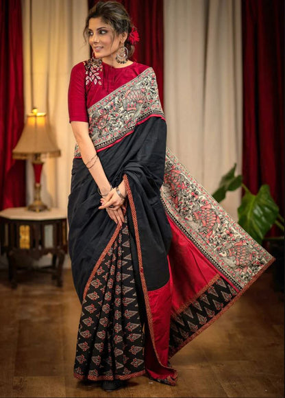 Black Color Digital Printed Cotton Linen Saree With Blouse Piece