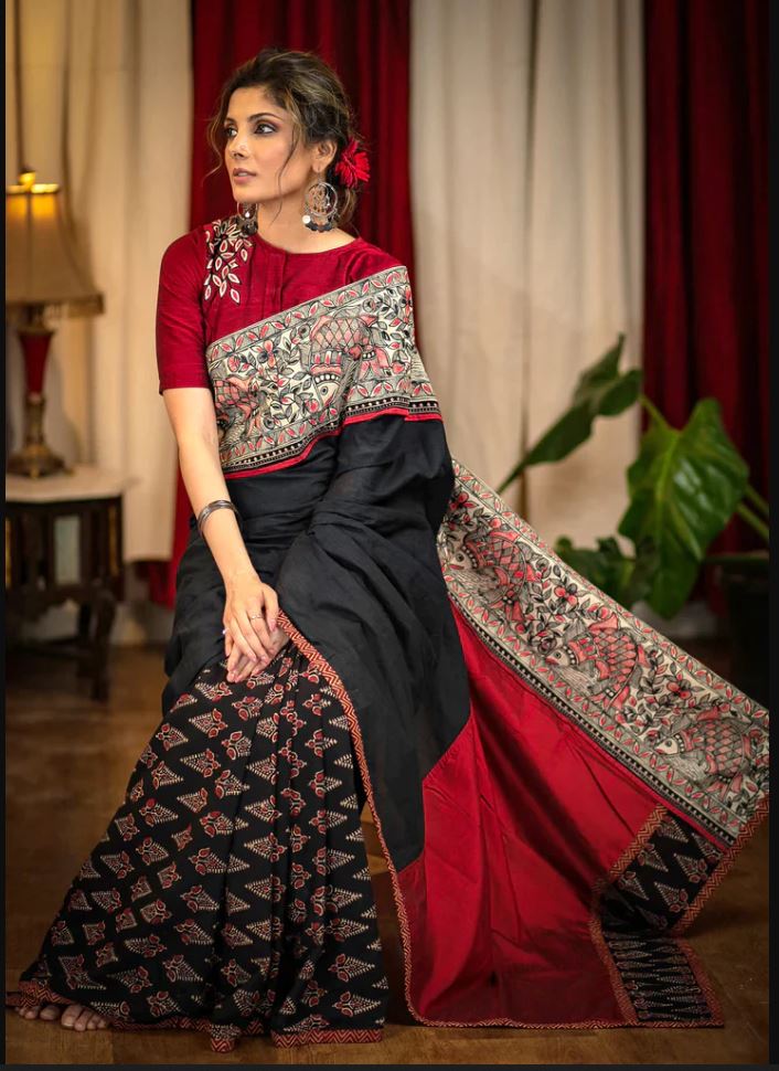 Black Color Digital Printed Cotton Linen Saree With Blouse Piece