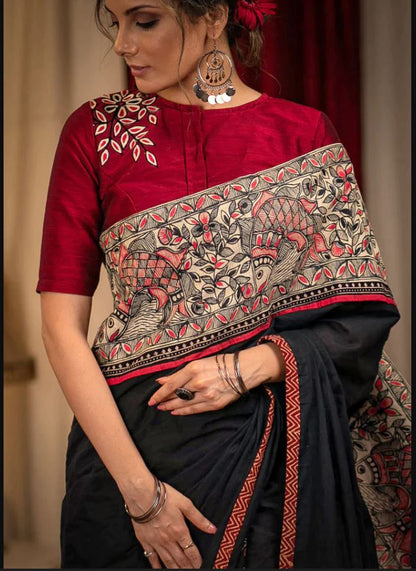 Black Color Digital Printed Cotton Linen Saree With Blouse Piece